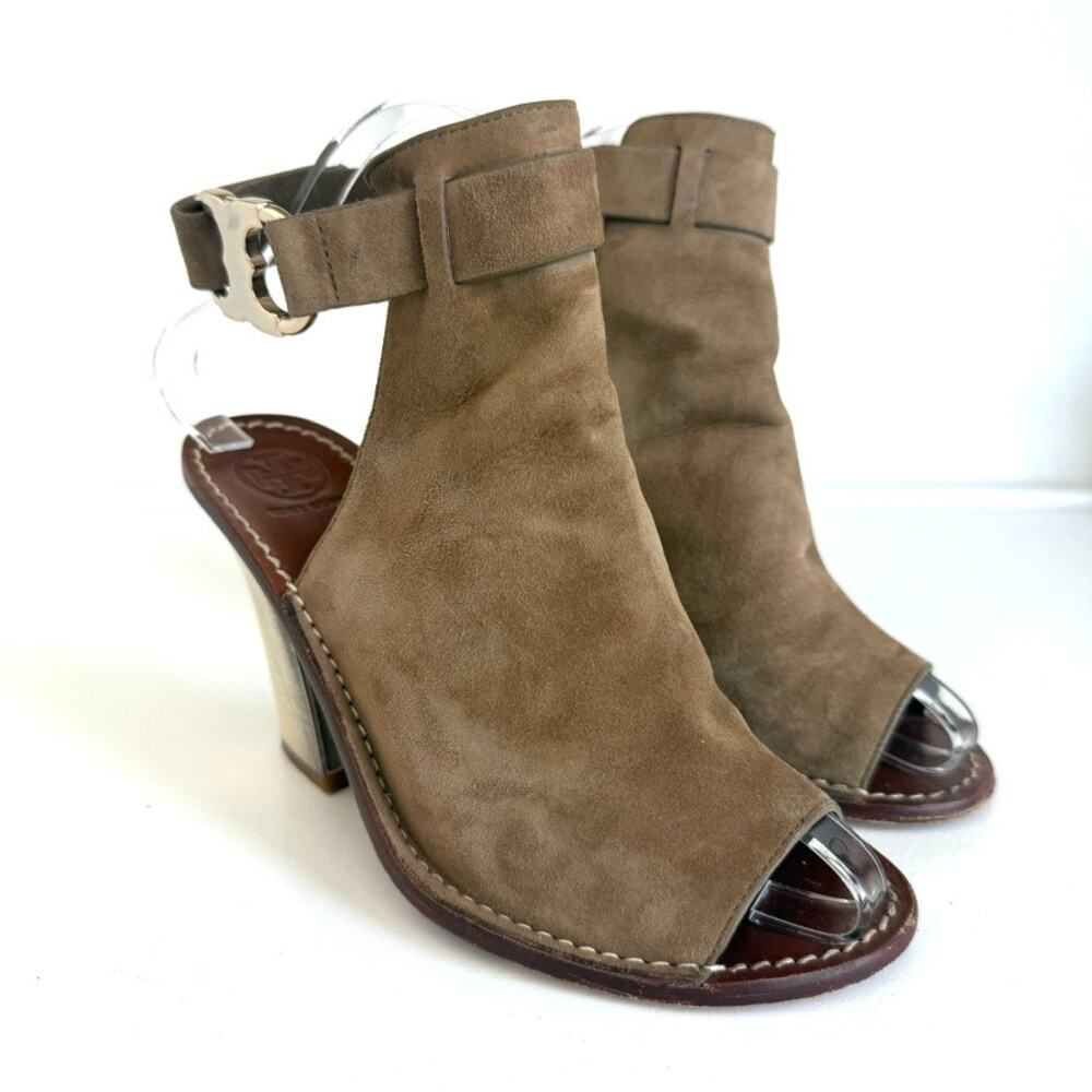 Tory Burch Gemini Link Sandals‎ Taupe Suede Block Heel Peep Toe Designer 7.5